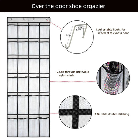 Over The Door Space Saver Shoe Organizer With 24 Mesh Pockets Hanging Shoe Rack, adjustable hooks, and breathable nylon mesh