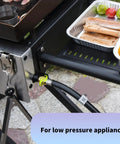 8 Feet High Pressure Propane Regulator With 20 Psi Adjustability And Hose QCC1 Connection attached to outdoor cooker