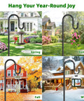 62 Inch Outdoor Shepherds Hook With 5 Prong Base in seasonal settings for bird feeders and lanterns, showcasing versatile garden use.