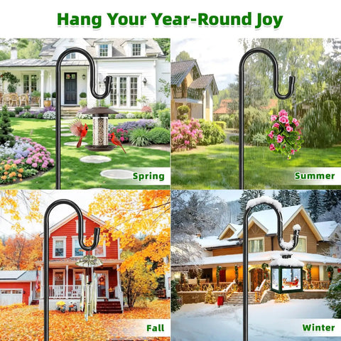 62 Inch Outdoor Shepherds Hook With 5 Prong Base in seasonal settings for bird feeders and lanterns, showcasing versatile garden use.