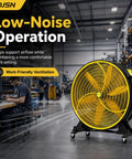 30 Inch Industrial Floor Drum Fan Heavy Duty High Airflow Cooling in warehouse with low-noise operation.