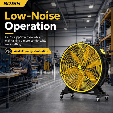 30 Inch Industrial Floor Drum Fan Heavy Duty High Airflow Cooling in warehouse with low-noise operation.