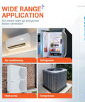 Image showing applications for 7.5 uF Oval Run Capacitor 370/440 VAC CBB65 including air conditioning, refrigerator, heat pump, and compressor.
