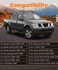 Compatibility chart for Rear Axle Bearing Puller Tool with image of a pickup truck on a road, mountains in background.