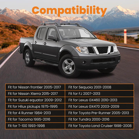 Compatibility chart for Rear Axle Bearing Puller Tool with image of a pickup truck on a road, mountains in background.