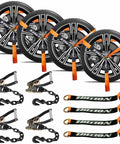 Four Pack 2 Inch by 96 Inch Orange Car Tie Down Straps for Trailers With Heavy Duty Chain Anchors, 3300 Lb Safe Working Load