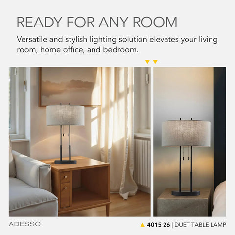 Two Light Table Lamp With Dual Pull Chains, Antique Bronze Finish And Taupe Fabric Shade, 27 Inch Tall on side table
