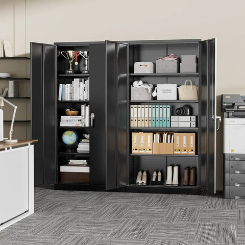 Heavy Duty 72 Inch Steel Storage Cabinet With 2 Locking Doors And 4 Adjustable Shelves Built Tough For Home Office And Workshop Organization Industrial Grade Cold Rolled Steel Anti Corrosion Powder Coat 900 Pound Total Capacity displaying organized books and files in an office setting.
