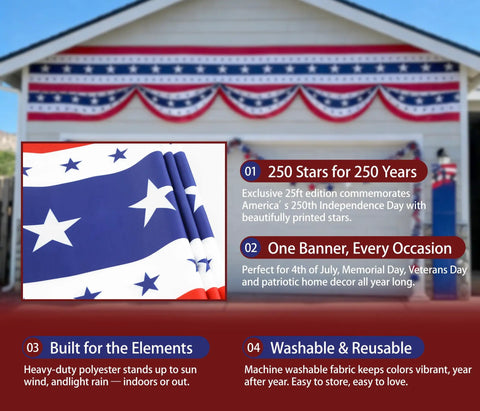 Red White And Blue Vibe Patriotic Flag Bunting Outdoor Door Decor 20ft To 25ft For Memorial Day And Fourth Of July 250th Anniversary Edition With 250 Stars on house