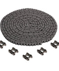 08B Roller Chain 20 Feet 428 Carbon Steel With 5 Connecting Links Half Inch Pitch displayed in coil with links nearby