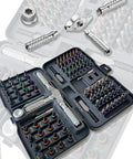 100-In-One Magnetic Ratchet Screwdriver Set With 88 Short And 6 Long S2 Steel Bits in open case, showing flexible shaft and tools