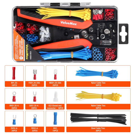 Open case displaying All In One Wire Stripper Tool Kit With 266 Pieces Self Adjusting 8 Inch Automatic Wire Stripping Tool for AWG 10-24