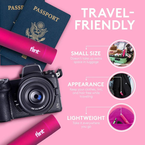 Pink Retractable Mini Lint Roller With 30 Extra Sticky Sheets Ultra Portable Travel Size Pocket Roller shown with camera and passport.