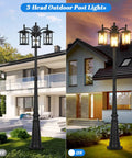 Triple-Head Outdoor Lamp Post Light 78 Inch Weatherproof Exterior Street Light With Triple Clear Glass Shades in day and night settings