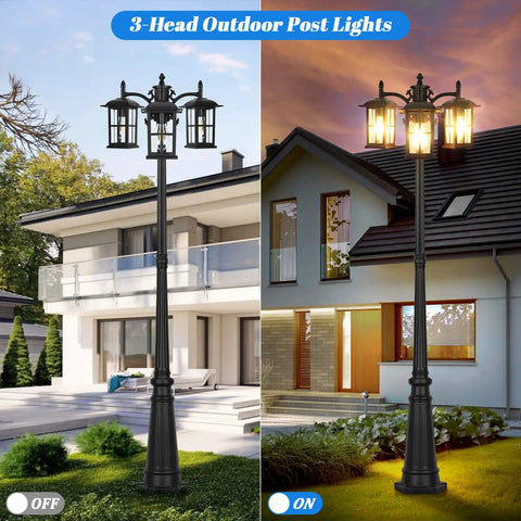 Triple-Head Outdoor Lamp Post Light 78 Inch Weatherproof Exterior Street Light With Triple Clear Glass Shades in day and night settings