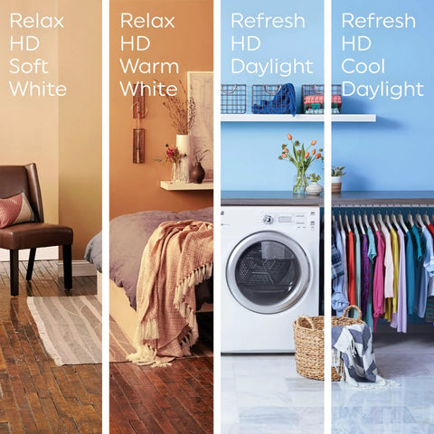 Image showing lighting effects on rooms from Relax HD Soft White, Relax HD Warm White, Refresh HD Daylight, and Refresh HD Cool Daylight bulbs.