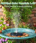 Image of 1.4W Solar Fountain Pump with upgraded panels in a bird bath, featuring water spray and colorful garden setting.