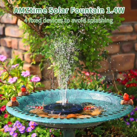 Image of 1.4W Solar Fountain Pump with upgraded panels in a bird bath, featuring water spray and colorful garden setting.