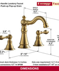 Dimensions diagram of Two Handle Brushed Gold Bathroom Faucet For 3 Hole 8 Inch Widespread Lavatory With High Arc Spout And Pop Up Drain.