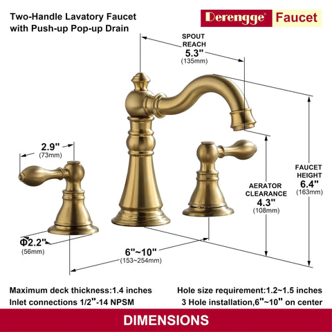 Dimensions diagram of Two Handle Brushed Gold Bathroom Faucet For 3 Hole 8 Inch Widespread Lavatory With High Arc Spout And Pop Up Drain.