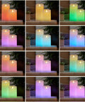 Flameless Color Changing LED Candle Pillar 3 By 6.5 Inches with Real Wax Moving Flame showing various glow colors on shelf.
