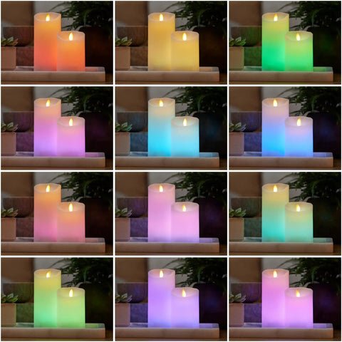 Flameless Color Changing LED Candle Pillar 3 By 6.5 Inches with Real Wax Moving Flame showing various glow colors on shelf.