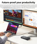 Next Level Thunderbolt 5 Docking Station For Triple 4K 120Hz Displays Offering Killer Bandwidth And A Ridiculously Smooth Plug And Play Setup In A Dope Black Matte Finish connected to a laptop with two 4K monitors