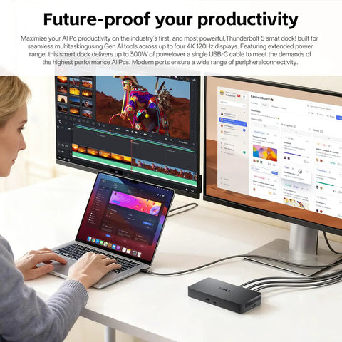 Next Level Thunderbolt 5 Docking Station For Triple 4K 120Hz Displays Offering Killer Bandwidth And A Ridiculously Smooth Plug And Play Setup In A Dope Black Matte Finish connected to a laptop with two 4K monitors