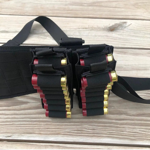 Ten Pack Seven Round Side Saddle Shell Carrier for 12 and 20 Gauge Shotguns with MOLLE Pouch on wooden surface