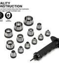 14 Piece Hollow Hole Punch Kit For Gaskets, Leather And Foam, SAE And Metric Sizes, carbon steel with black handle