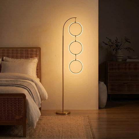Antique Brass 74 Inch Industrial LED Floor Lamp With Arch Design Three Light Heads Energy Efficient Built In 3 Way Dimmer in bedroom