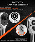 One Half Inch Drive Quick Release Ratchet Handle With 90-Tooth Reversible Chrome Alloy Socket Wrench for DIY and industrial use.