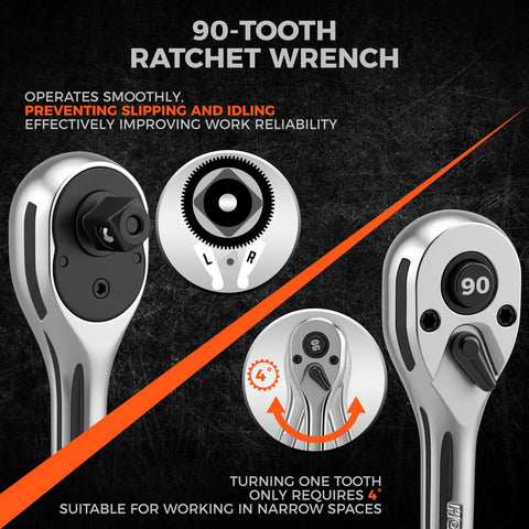 One Half Inch Drive Quick Release Ratchet Handle With 90-Tooth Reversible Chrome Alloy Socket Wrench for DIY and industrial use.