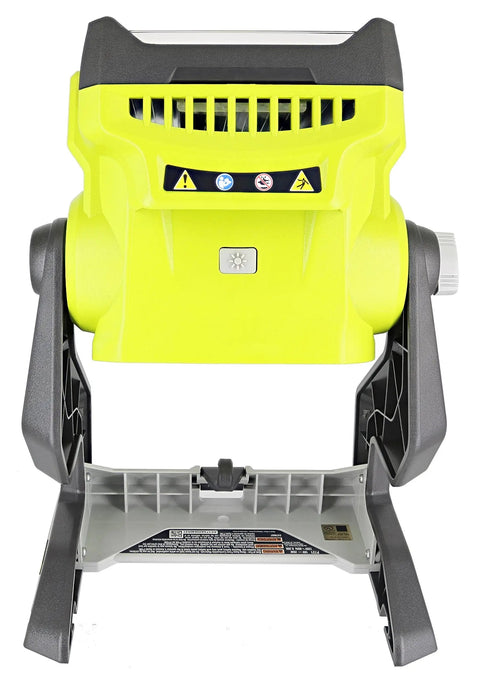 One Plus 1800 Lumen 18V Hybrid LED Work Light With Flat Standing Base Onboard Mounting Options Corded Or Cordless Use Light Only Battery And Extension Cord Not Included facing forward with vents visible.
