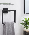 2 Pack Matte Black Stainless Steel Towel Ring And Shower Towel Hanger Set for Bathroom Wall Mount Lavatory, towel displayed.