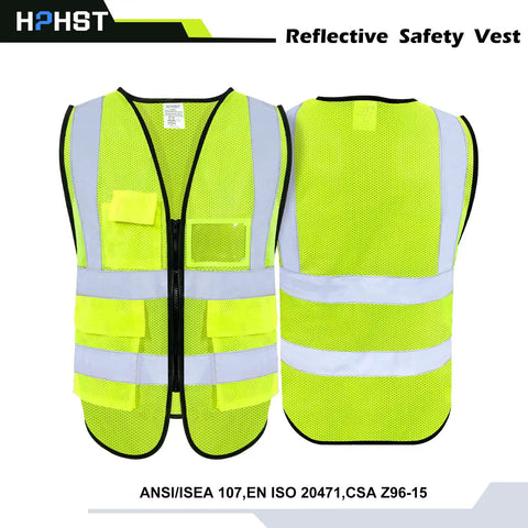 Road Warrior Reflective Safety Vest With Five Big Cargo Pockets And Secure Full Zipper Front Ansi Approved with mesh design.