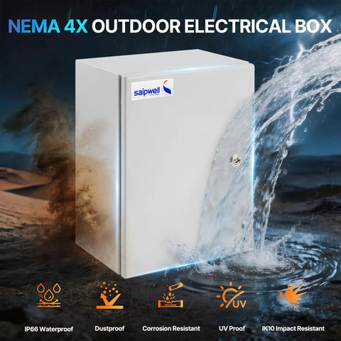 Tough As Nails NEMA 4X Steel Electrical Enclosure Box 16X12X8 Heavy Duty Weatherproof Cabinet shown with water splashing.