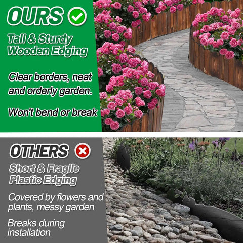 Comparison of weather resistant pine garden edging border fence with plastic edging, showing durability and neatness in patio setting.
