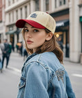 Woman in city wearing low profile womens trucker hat with dope vintage vibe breathable cotton cap adjustable fit six eyelets ventilation