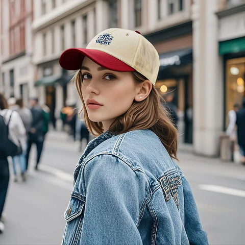 Woman in city wearing low profile womens trucker hat with dope vintage vibe breathable cotton cap adjustable fit six eyelets ventilation