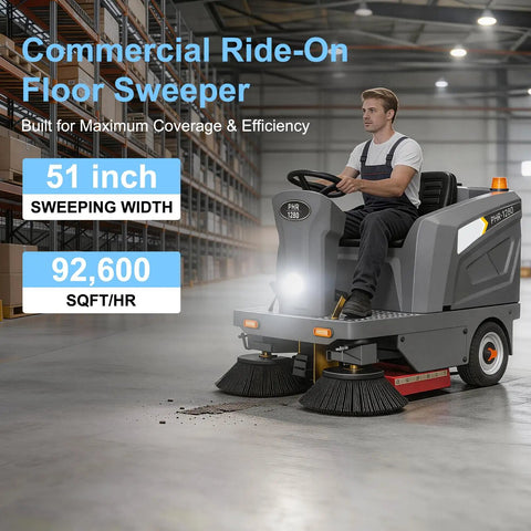 51 Inch Heavy Duty Ride On Industrial Floor Sweeper Machine For Warehouses With Solid Tires Hydraulic Brakes And Efficient Cleaning System To Keep Big Spaces Spotless And Tidy Without The Hassle Of Manual Mopping Or Brooming Daily