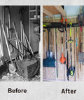 Before and after using 96 Inch Garage Wall Organizer Heavy Duty 1200 Lbs Capacity With 12 Hooks Broom Holder for garden tools.