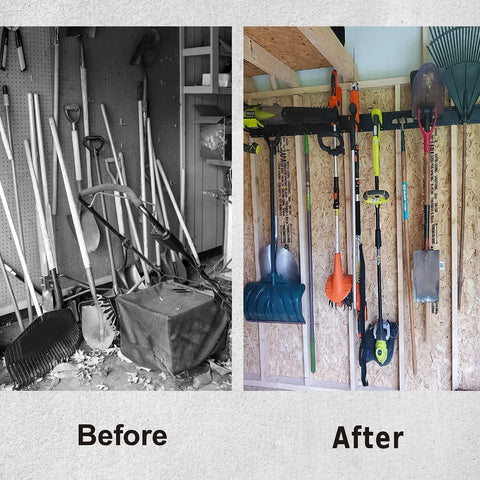 Before and after using 96 Inch Garage Wall Organizer Heavy Duty 1200 Lbs Capacity With 12 Hooks Broom Holder for garden tools.