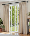 Heavy Duty 1 Inch Curtain Rod For Windows And Patio - Adjustable Telescoping Steel Rod With Wall Or Ceiling Mount - Built To Last, Indoor Outdoor Ready, Black - 72 To 144 Inches - Handles Light To Heavy Curtains - Easy Install over window with beige curtains.