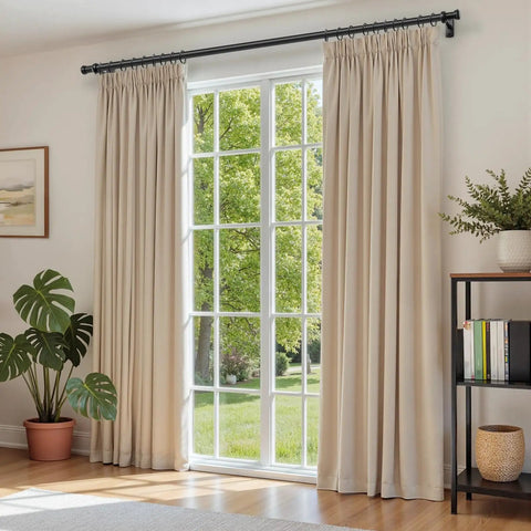 Heavy Duty 1 Inch Curtain Rod For Windows And Patio - Adjustable Telescoping Steel Rod With Wall Or Ceiling Mount - Built To Last, Indoor Outdoor Ready, Black - 72 To 144 Inches - Handles Light To Heavy Curtains - Easy Install over window with beige curtains.