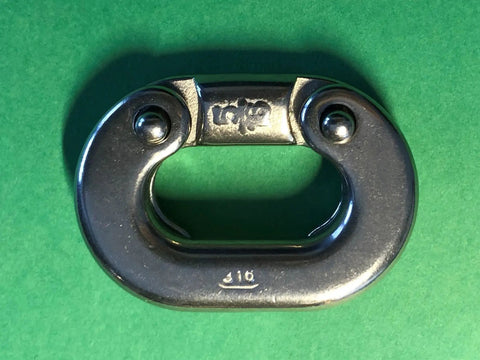 Stainless Steel 316 Chain Connecting Link Marine Grade 5/16 Inch Rope Anchor Connector on green background.