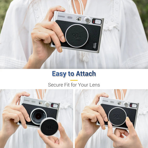 Leather Lens Cap For Insta Mini Evo Camera in use, showing attachment process, lightweight aluminum cover with EVA interior