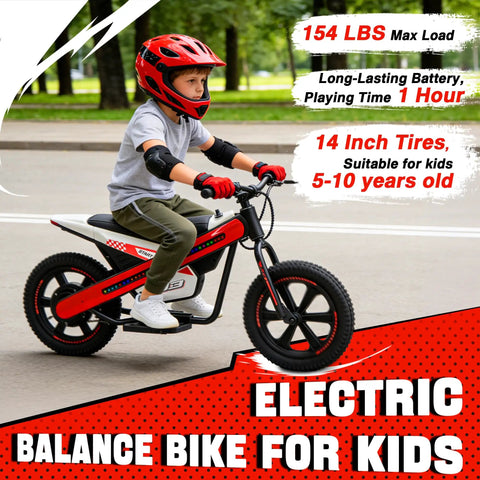 Kids Electric Dirt Bike With 24V 300W Motor, Two Speed Settings, Flashing LED Lights, Builtin Music Function, Durable Electric Bike For Ages Six And Up, Red, 14-inch tires