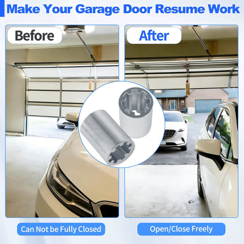 Screw Drive Coupler for Garage Door Opener Systems, Aluminum Sprocket Replacement shown installed with before and after results