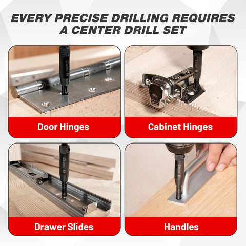 EZARC 14-piece self-centering drill bit set with storage box; front view shows door hinges and cabinet hinges